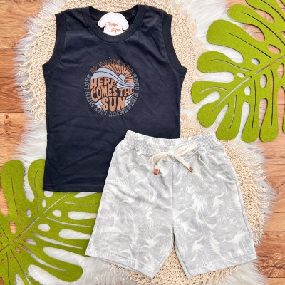 Conj. Regata Here Comes The Sun e Bermuda em Moletinho - Preto, Mescla e Ferrugem